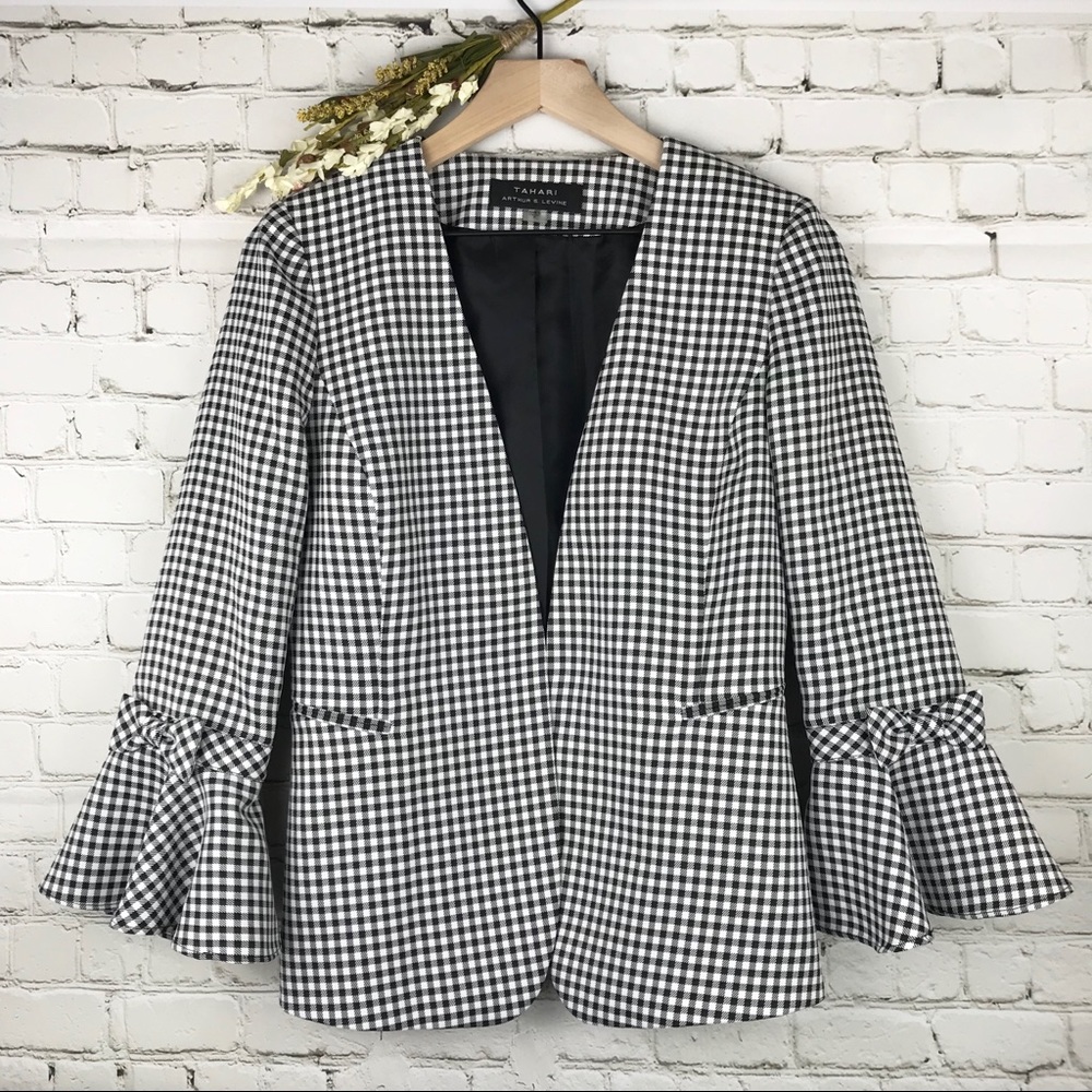 Tahari ASL Gingham Bow Ruffle Sleeve Blazer